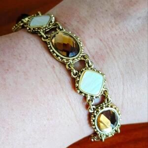 Cookie Lee Genuine Crystal Mother Of Pearl Shell Gold Tone Toggle Bracelet